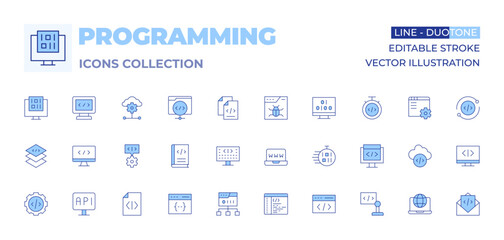Programming icons collection. Line Duotone style, editable stroke. coding, programming, layer, programming language, code, web, fast time, gear, application, www