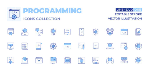 Programming icons collection. Line Duotone style, editable stroke. coding book, development, programming, edit code, software, coding, world, binary, script, danger, web, no results
