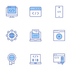 Programming icons set. Line Duotone style, editable stroke. quality, code, edit code, development, software, coding, world, programming, no results