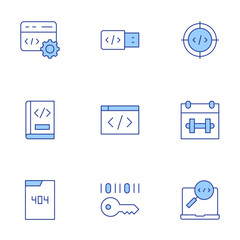 Programming icons set. Line Duotone style, editable stroke. usb, encrypt, book, date, coding, error, search