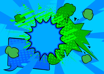 Cartoon green and blue comic book background. Retro vector comics pop art design.