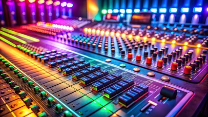Fototapeta premium Close up of a vibrant illuminated audio mixing console in a recording studio setting