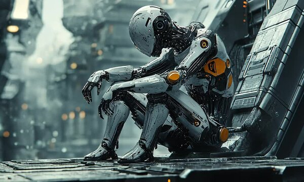 Melancholic robot sitting in futuristic cityscape with ai generated.
