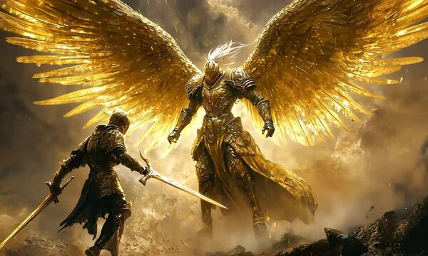 Epic battle between armored knight and golden angel with ai generated.
