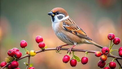 Eurasian tree sparrow perched on dog rose branch in Belarus, showcasing nature, wildlife, and beauty