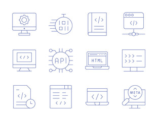 Programming icons. Thin Line style, editable stroke. coding, programming, time, fast time, api, web development, book, meta, script, html