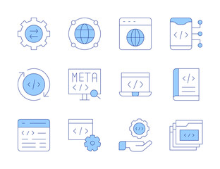 Programming icons. Line Duotone style, editable stroke. web page, coding, api, refresh, book, tabs, develop, meta, global