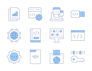 Programming icons. Line Duotone style, editable stroke. usb, coding, encrypt, book, network, business report, error, laptop, vote, algorithm