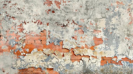 Obraz premium Empty Old Brick Wall Texture. Painted Distressed Wall Surface. Grungy Wide Brickwall. Grunge Red Stonewall Background. Shabby Building Facade With Damaged Plaster. Abstract Web Banner. Copy Space , ai