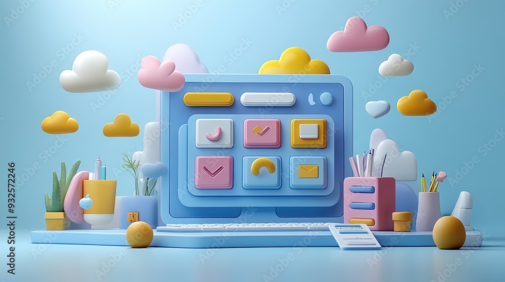 Poster d illustration of a colorful computer with clouds and icons