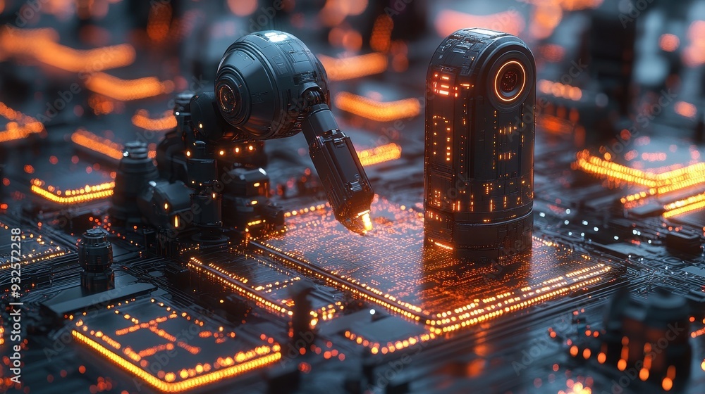 Poster futuristic robotic arm assembling circuit board with glowing lights