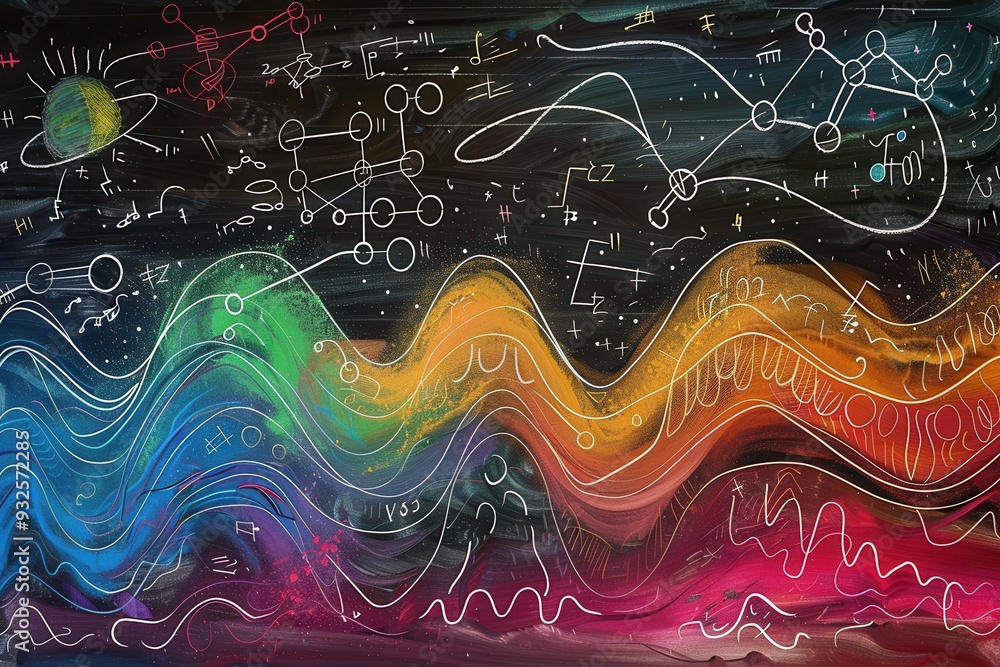 Poster A dynamic chalkboard showcases swirling colors along with embedded scientific diagrams and formulas, merging art with academic exploration. Generative AI