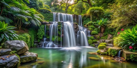 A serene waterfall flowing in a lush garden surrounded by nature, with a long exposure capturing the tranquil beauty of the landscape