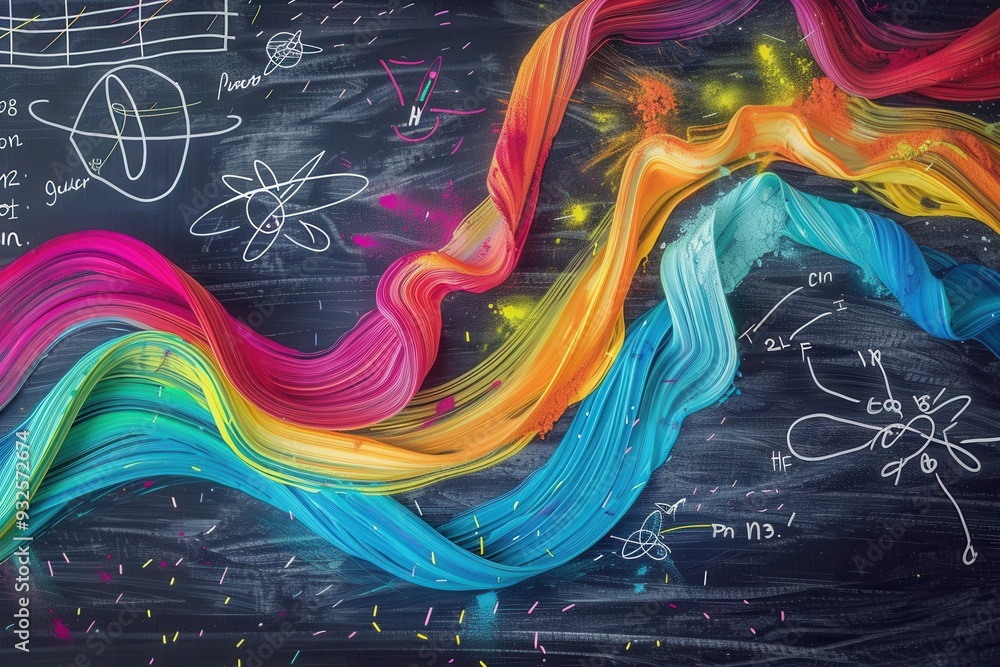 Poster A vibrant chalkboard features sweeping waves of color intermingled with scientific formulas and diagrams, creating an engaging educational atmosphere. Generative AI