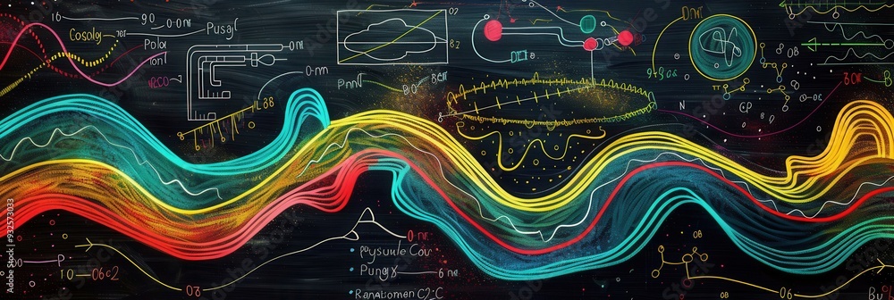 Fototapete a chalkboard displays vibrant waves of color intermingled with scientific formulas and diagrams, cre