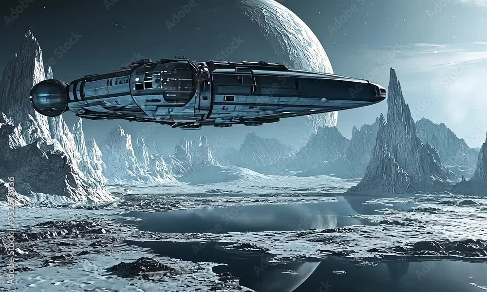 Poster spaceship flying over icy alien landscape with distant planet with ai generated.