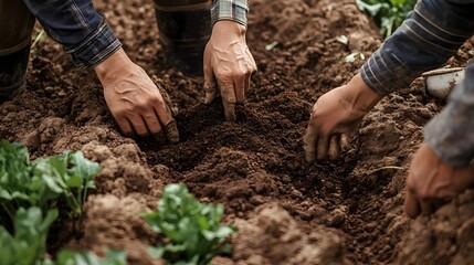 Farmers diligently working the soil adding organic compost to prepare the land for planting a variety of healthy vegetables in a rural agricultural setting