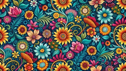 Abstract floral seamless pattern with vibrant colors and intricate details