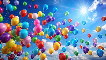 Colorful balloons floating in the sky during a festive celebration, party, decorations, flying, fun, celebration, festival, sky