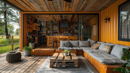 young family with small daughter indoors weekend away in container house in countryside