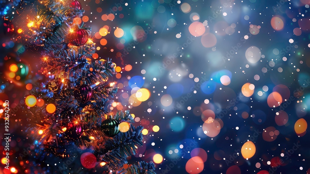 Poster a close-up of a christmas tree with twinkling lights and ornaments, with a blurred background of col