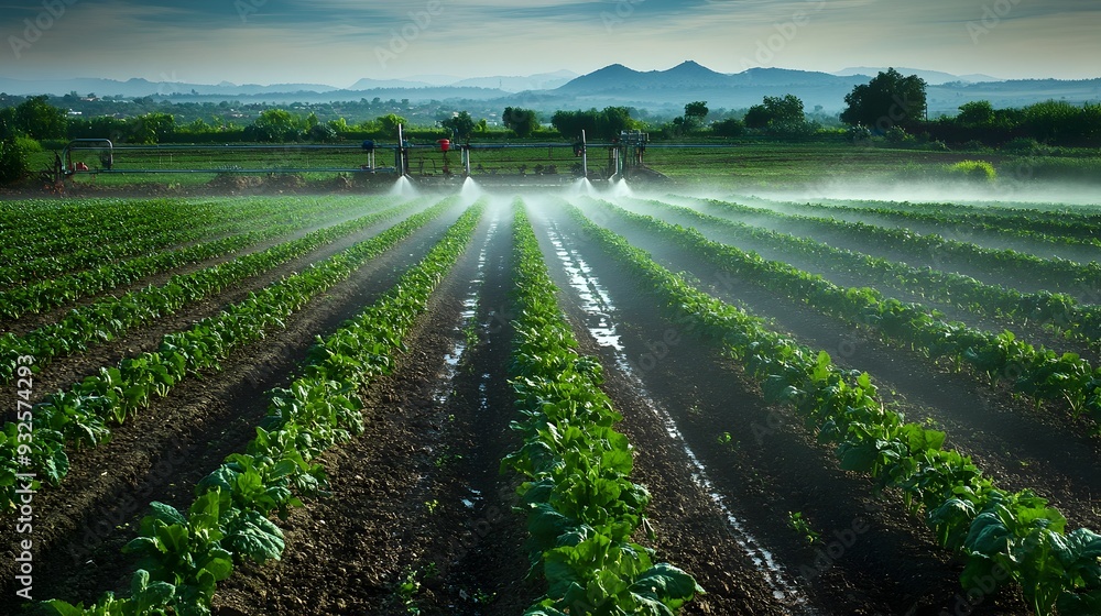 Poster irrigation system gently watering rows of organic vegetables in a well structured rural field plenty