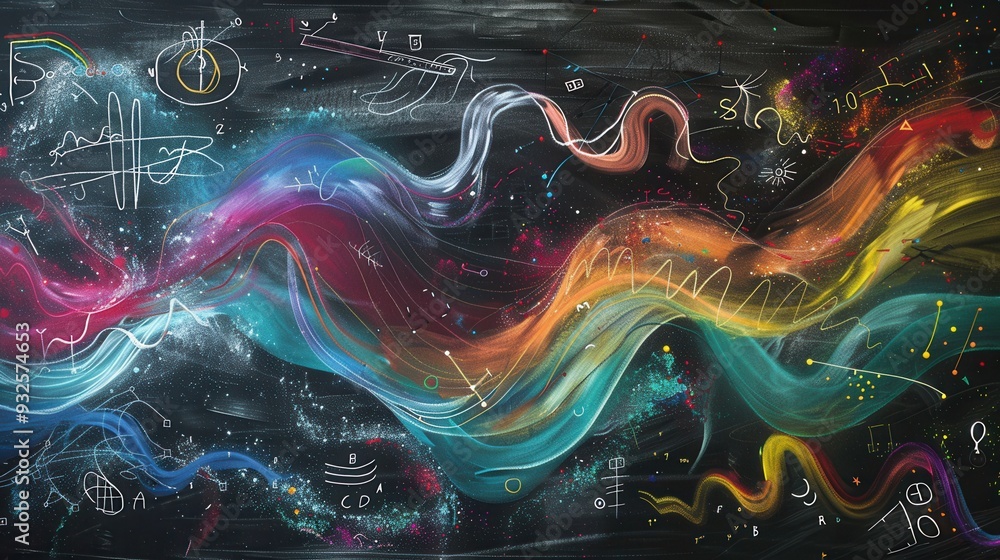 Fototapete a vibrant chalkboard displays sweeping waves of colorful chalk strokes intermingled with intricate s