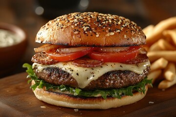 Juicy Cheeseburger with Bacon, Tomato, and Onion on a Toasted Bun