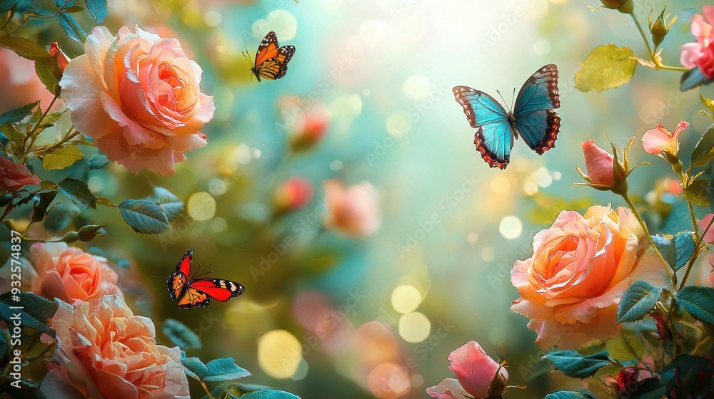 Canvas Prints colorful butterflies and pink roses in a garden