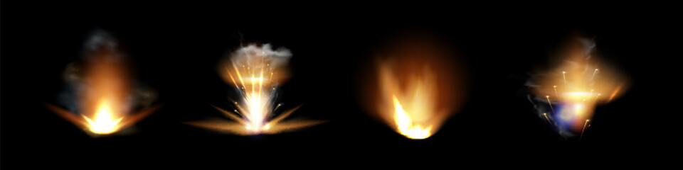 Gun flashes with smoke and fire sparkles. Pistol shots clouds, muzzle shotgun explosion. Blast motion, weapon bullets trails isolated on black background.