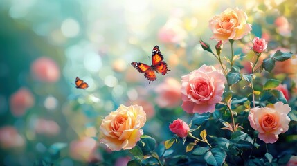 Beautiful Pink Roses with Butterflies in a Garden