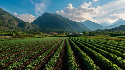 Fototapeta premium Picturesque Organic Vegetable Farm with Neat Rows of Crops and Mountains in the Scenic Backdrop Landscape