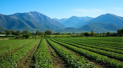 Stunning Landscape of Vibrant Organic Vegetable Farm Nestled Against a Majestic Mountain Range in the Countryside
