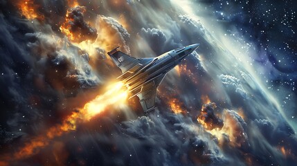 Spaceship Soaring Through Cosmic Clouds