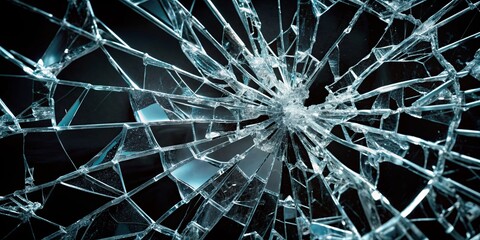 Close up of shattered glass texture on black background, broken sharp pieces, abstract pattern for design projects