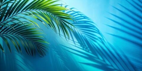 Blurred palm leaves shadow on blue wall, perfect for summer product presentations