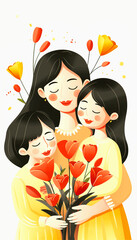A mother and her two daughters embracing, surrounded by red tulips