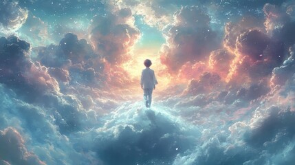 Fototapeta premium Surreal Dreamy Cloudscape with Person Walking on a Cloud