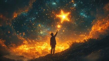 Fototapeta premium Man Reaching for a Bright Star in the Night Sky
