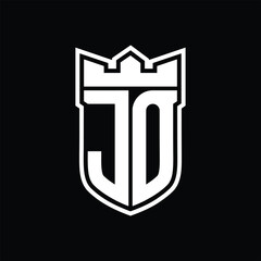 JO Logo shield shape with geometric crown inside white outline on black background template design