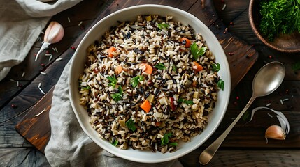 Rice with carrot and parsley in a bowl on a wooden background.
