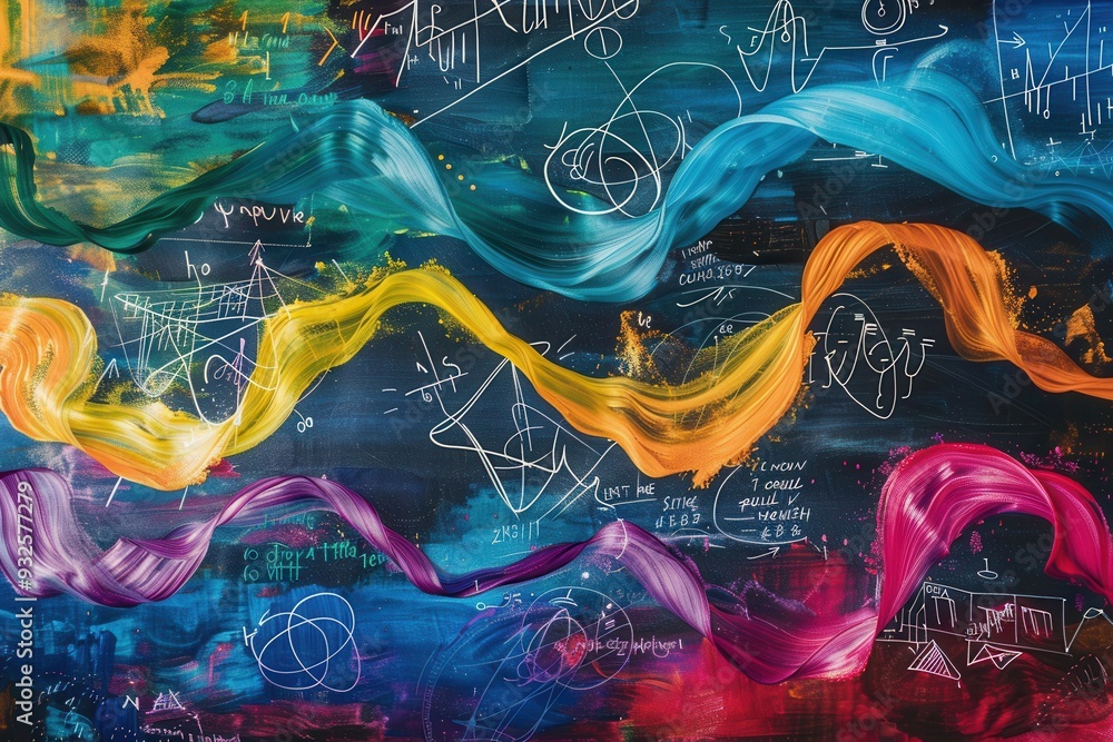 Fototapete sweeping colorful chalk strokes blend with scientific formulas and diagrams on a chalkboard in a cre