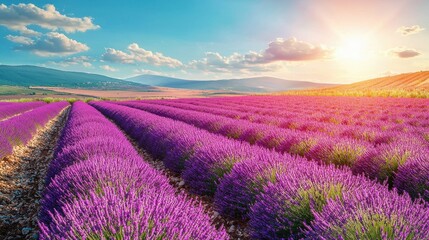 Lavender Field at Sunset with Rolling Hills and Blue Sky