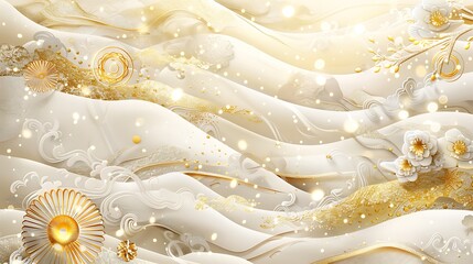 the fabric is white with gold sequins texture background.