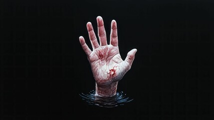 A haunting image of a bloodied hand reaching out from dark waters, evoking a sense of desperation and fear.
