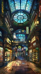 Obraz premium A lively department store interior features various shops with bright lights and colorful signs, creating an inviting atmosphere at night