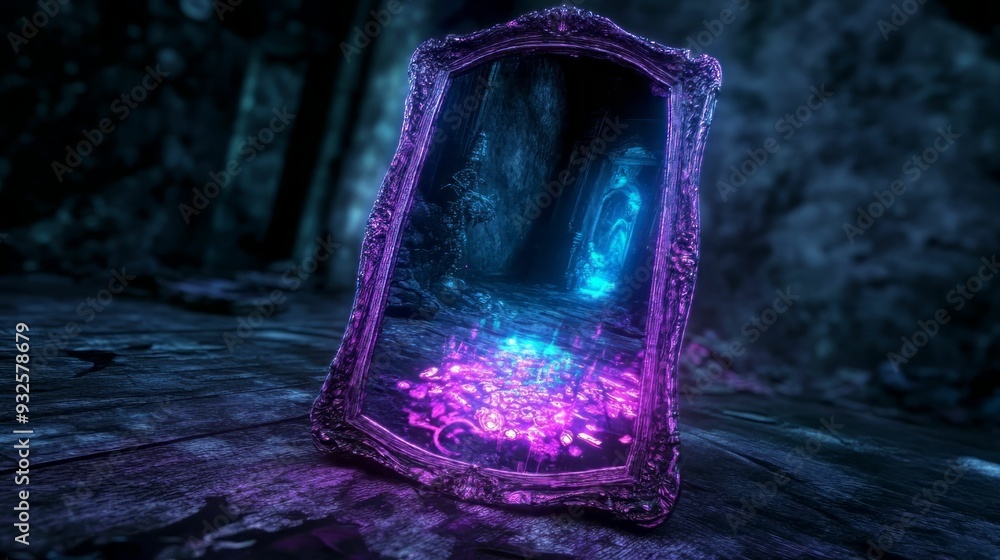 Poster a mystical mirror reflecting vibrant colors in an enchanting, dark environment, creating a captivati
