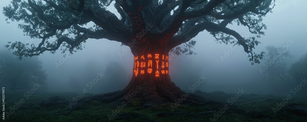 Poster a mystical tree stands tall in fog, illuminated from within, creating an enchanting and ethereal atm