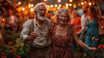 Obraz premium senior couple,family dancing,garden party outside in the backyard