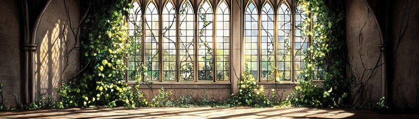 Fototapeta premium A serene, sunlit room with ivy-covered walls, featuring large, arched windows overlooking a lush garden.